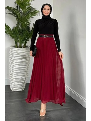 Tesettür Diyarı Kadın Piliseli Kemer Hediyeli Şifon Etek-Bordo