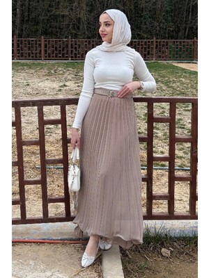 Tesettür Diyarı Kadın Piliseli Kemer Hediyeli Şifon Etek-Bej
