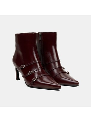 Desa Kadın Bordo Fermuarlı İnce Topuklu Sivri Burunlu Deri Bot