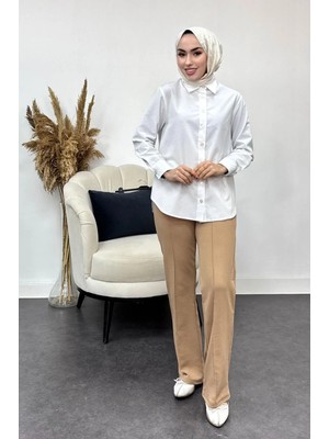 Tesettür Diyarı Çimalı Likralı Krep Kumaş Pantolon-Bej