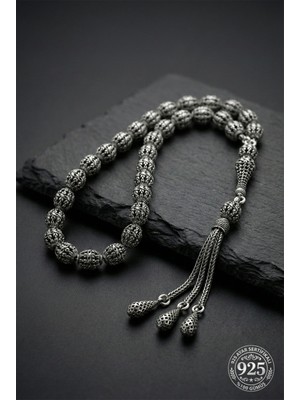 Erdobia 925 Ayar Oval Kesim 3 Kamçılı Damla Püskül Orta Boy Örgü Işlemeli Otantik Gümüş Tesbih