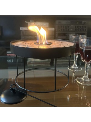 Noldecoration Yuvarlak Anti Pas Boyalı Demir 25 cm Çapında Içi Enine Dilimlenmiş Doğal Taş Mozaikli Iç ve Dış Mekan Kullanımlı Bioethanol Yakıtlı Kokusuzmini Taşınabilir Ateş Çukuru