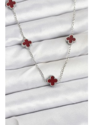 Luz&Pos 316L Çelik Zincir Gümüş Renk Bordo Baby Boy Yonca Kadın Kolye