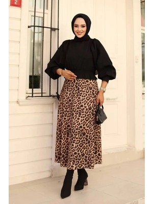 Tesettür Diyarı Scuba Kumaş Kışlık Etek- Leopar Desen
