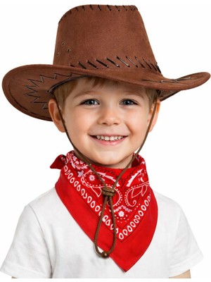 Çocuk Kovboy Şapka Kahverengi  Kırmızı Bandana Seti