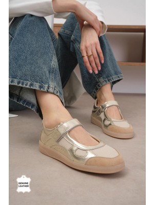 Mio Gusto Zoi Hakiki Deri Altın Renk Spor Fileli Babet