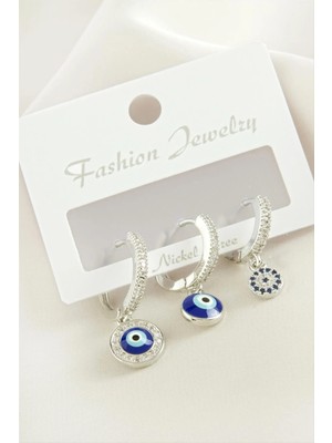 3 Adet Nazar Zirkon Taşlı Küpe Nemere