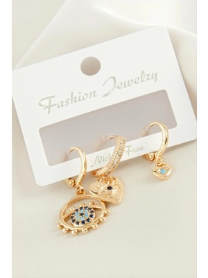 3 Adet Kalp Nazar Zirkon Taşlı Küpe Nemere