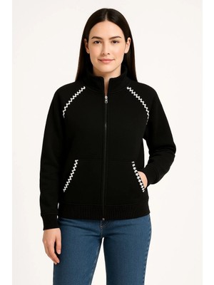 Nemere Oversize Dik Yaka Fermuarlı Sweatshirt - Zincir Nakışli Kanguru Cepli, - Siyah
