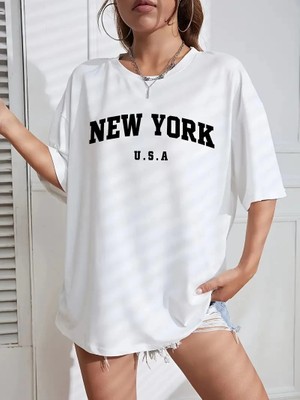 Nemere 20/1 Penye Compacknew York Baskılı Oversize Kısa Kol Bisiklet Yaka T-Shirt - Beyaz