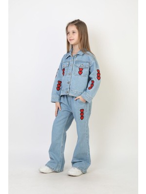 Moonch Kız Çocuk Kalp Nakışlı Kot Ceket Pantolon Takım – Şık ve Rahat 2’li Jean Kombin