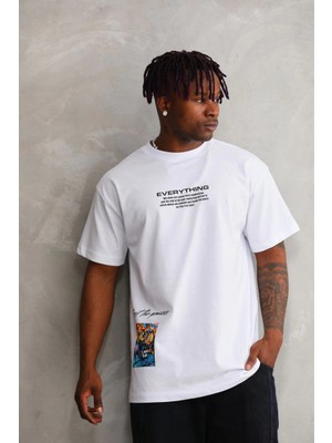Nemere Bisiklet Yaka Baskılı Oversize T-Shirt - Beyaz