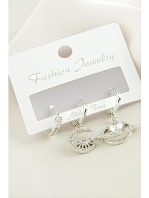 3 Adet Hilal Yıldız Zirkon Taşlı Küpe Nemere