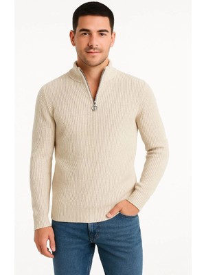 Nemere Yarım Fermuarlı Triko Kazak Bej