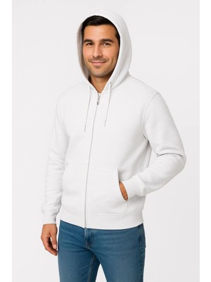 Nemere Üç Iplik Kapüşonlu Tam Fermuarlı Kanguru Cepli Sweatshirt Hoodie - Beyaz