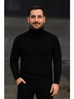 Nemere Balıkcı Yaka Bağazlı Triko Kazak Pamuklu Kalın Fitilli Dokuma, Regular- Siyah