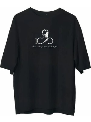 Nemere Bisiklet Yaka Baskılı Oversize T-Shirt - Siyah