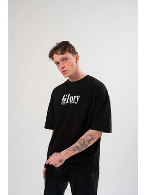 Nemere Bisiklet Yaka Baskılı Oversize T-Shirt - Siyah