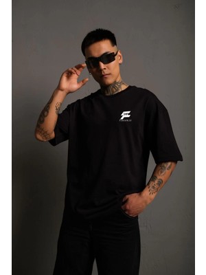 Nemere Bisiklet Yaka Baskılı Oversize T-Shirt - Siyah