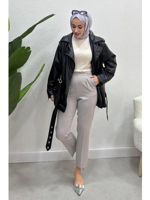 Tesettür Diyarı Krep Kumaş Beli Lastikli Çift Cepli Klasik Pantolon-Gri