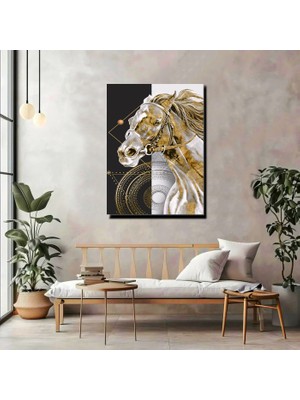 Artprinta Gold Detaylı At Kanvas Tablo – Siyah Beyaz Modern Lüks Duvar Dekoru