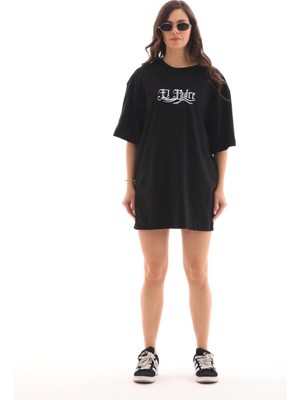 Nemere Bisiklet Yaka Baskılı Oversize T-Shirt - Siyah