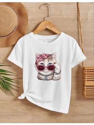 Nemere Kız Çocuk Bisiklet Yaka Baskılı T-Shirt - Beyaz