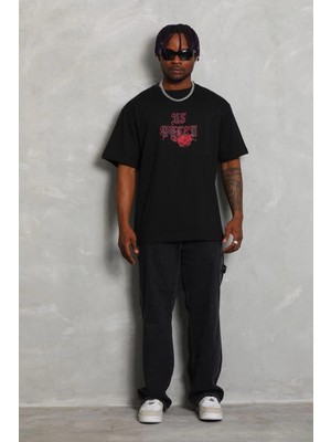Nemere Oversize Baskılı Bisiklet Yaka T-Shirt - Siyah