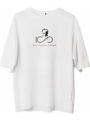 Nemere Bisiklet Yaka Baskılı Oversize T-Shirt - Beyaz