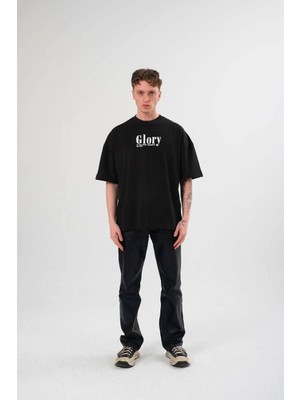 Nemere Bisiklet Yaka Baskılı Oversize T-Shirt - Siyah