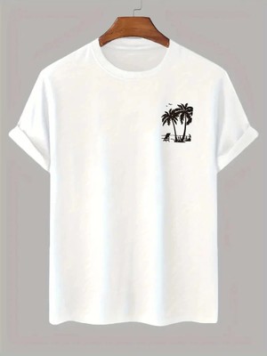 Nemere 20/1 Penye Compack Palmiye Ön Baskılı Oversize Bisiklet Yaka Kısa Kol Yazlık T-Shirt - Beyaz