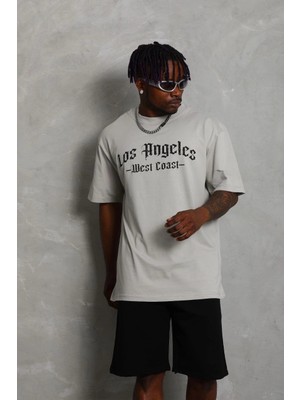 Nemere Oversize Baskılı Bisiklet Yaka T-Shirt - Gri