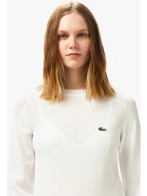 Lacoste Kadın Regular Fit Bisiklet Yaka Likralı Ribanalı Triko Beyaz
