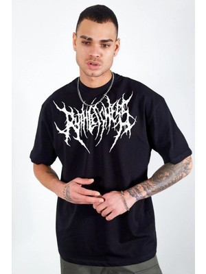Nemere Bisiklet Yaka Baskılı Oversize T-Shirt - Siyah