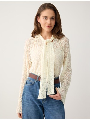 Jimmy Key Kırık Beyaz Bol Kesim Boyundan Bağlı Uzun Kollu Örme Bluz