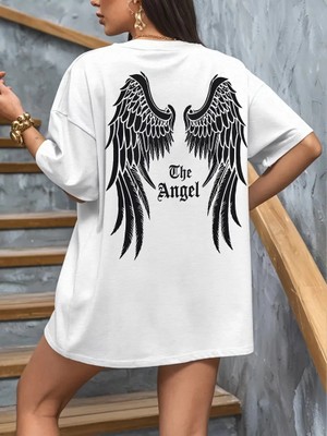 Nemere 20/1 Penye Compack Dark Angel Baskılı Oversize Kısa Kol Yazlık T-Shirt- Beyaz