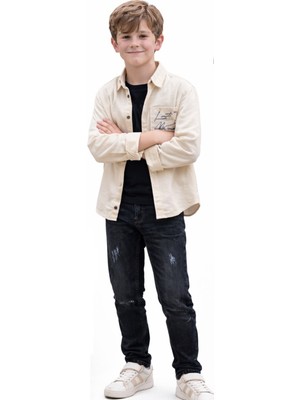 İrem Çocuk Giyim Erkek Çocuk Lost Yazılı Çıtçıt Kapamalı Krem Renk Uzun Kol Gömlek Tişört Kot Pantolon Üçlü Takım