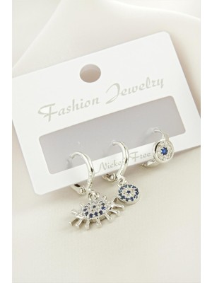 3 Adet Göz Nazar Zirkon Taşlı Küpe Nemere