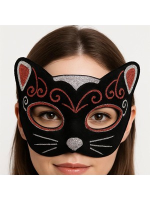 Kadife Dokulu Sim Detaylı Işıltılı Kedi Maskesi Kırmızı Gümüş 20X13 cm Nemere