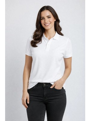 Nemere Kadın Pike Kumaş Düğmeli Yaka Regular Rahat Günlük Kısa Kol Tişört T-Shirt - Beyaz