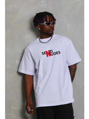 Nemere Bisiklet Yaka Double Oversize Baskılı T-Shirt - Beyaz