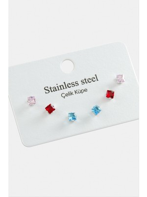 6 Adet Kare Zirkon Tek Taşlı Çelik Küpe Nemere