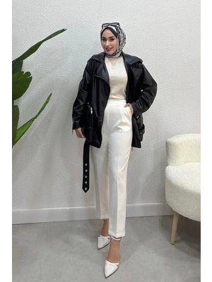 Tesettür Diyarı Krep Kumaş Beli Lastikli Çift Cepli Klasik Pantolon-Beyaz