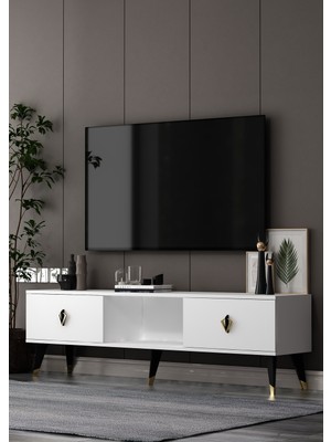 Demonte Decor 1389TV150DD-32 Tv Sehpası Beyaz-Siyah Altın
