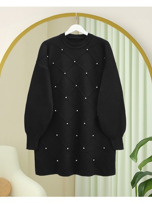 Modamorfo Taş Detaylı Kare Desenli Triko Tunik -Siyah