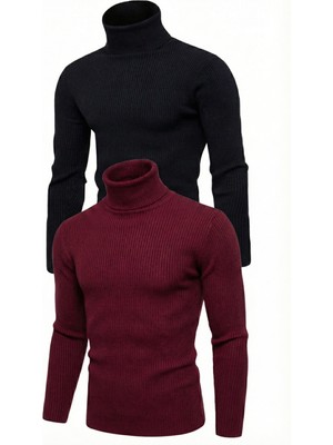 Nemere 2'li Siyah Bordo   Kaşkorse Boğazlı Full Likralı Fitilli Body Kazak