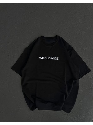 Nemere Bisiklet Yaka Baskılı Oversize T-Shirt - Siyah