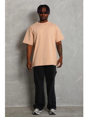 Nemere Oversize Düz Bisiklet Yaka T-Shirt - Bej