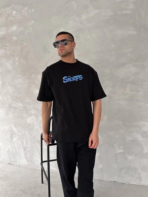 Nemere Ön ve Arka Baskılı Oversize Bisiklet Yaka T-Shirt- Siyah
