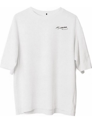 Nemere Bisiklet Yaka Baskılı Oversize T-Shirt - Beyaz